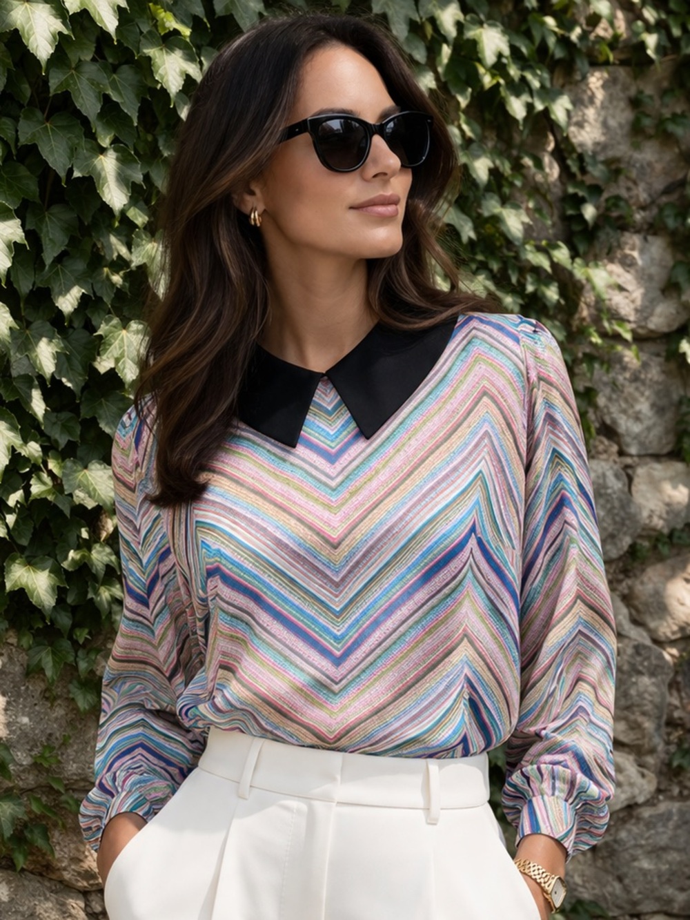 VINTAGE ALLEN B. BY ALLEN SCHWARTZ Chevron Semi-Sheer Multicolor Blouse, M